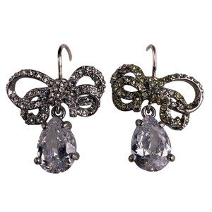 Silver Tone Womens Bow Drop Earrings W/ Pear-Shaped Rhinestone Accent Design
